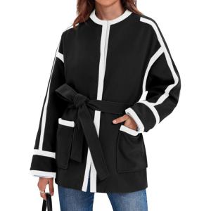 imageCicy Bell Womens Belted Wool Jacket Trendy Contrast Trim Peacoat Open Front 2024 Fall Trench CoatBlack