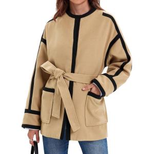 imageCicy Bell Womens Belted Wool Jacket Trendy Contrast Trim Peacoat Open Front 2024 Fall Trench CoatKhaki