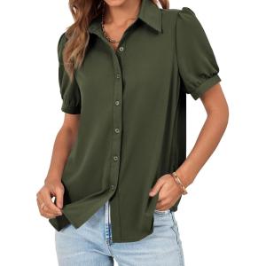 imageCicy Bell Womens Button Down Shirts Short Sleeve Collared Casual Puff Sleeve Shirt Tops BlousesArmy Green