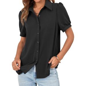 imageCicy Bell Womens Button Down Shirts Short Sleeve Collared Casual Puff Sleeve Shirt Tops BlousesBlack