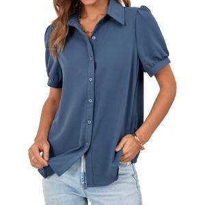 imageCicy Bell Womens Button Down Shirts Short Sleeve Collared Casual Puff Sleeve Shirt Tops BlousesBlue