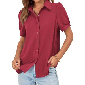 imageCicy Bell Womens Button Down Shirts Short Sleeve Collared Casual Puff Sleeve Shirt Tops BlousesDark Red