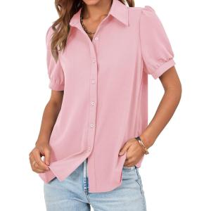 imageCicy Bell Womens Button Down Shirts Short Sleeve Collared Casual Puff Sleeve Shirt Tops BlousesPink