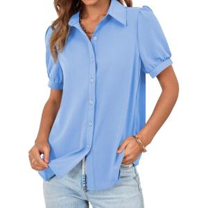 imageCicy Bell Womens Button Down Shirts Short Sleeve Collared Casual Puff Sleeve Shirt Tops BlousesSky Blue