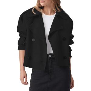 imageCicy Bell Womens Cropped Trench Coat Double Breasted Notched Lapel Pea Coats Wool Blend Jacket OuterwearBlack