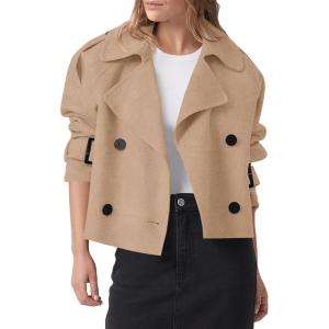 imageCicy Bell Womens Cropped Trench Coat Double Breasted Notched Lapel Pea Coats Wool Blend Jacket OuterwearCamel