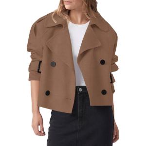 imageCicy Bell Womens Cropped Trench Coat Double Breasted Notched Lapel Pea Coats Wool Blend Jacket OuterwearCoffee