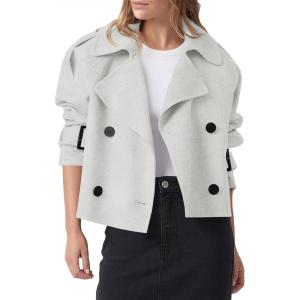 imageCicy Bell Womens Cropped Trench Coat Double Breasted Notched Lapel Pea Coats Wool Blend Jacket OuterwearGrey