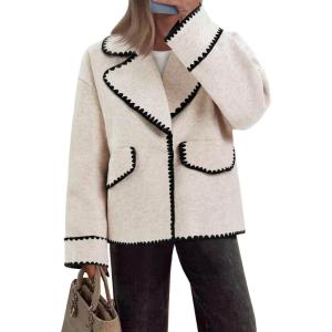 imageCicy Bell Womens Cropped Wool Jacket Embroidered Contrast Trims Blazer Fall Short Pea Coat with PocketsBeige
