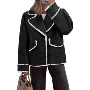 imageCicy Bell Womens Cropped Wool Jacket Embroidered Contrast Trims Blazer Fall Short Pea Coat with PocketsBlack