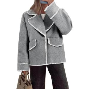 imageCicy Bell Womens Cropped Wool Jacket Embroidered Contrast Trims Blazer Fall Short Pea Coat with PocketsGrey