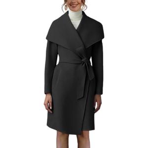 imageCicy Bell Womens Pea Trench Coat Lapel Collar Long Jacket Open Front Belted Overcoat with PocketsBlack