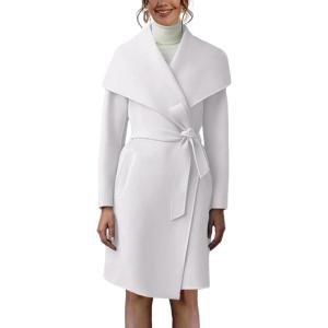 imageCicy Bell Womens Pea Trench Coat Lapel Collar Long Jacket Open Front Belted Overcoat with PocketsWhite