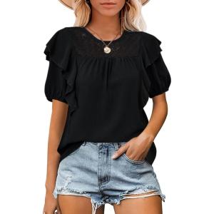 imageCicy Bell Womens Summer Top Ruffle Short Sleeve Lace Crochet Shirt Dressy Casual Loose Tunic BlouseBlack