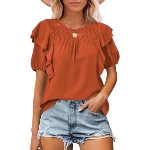 imageCicy Bell Womens Summer Top Ruffle Short Sleeve Lace Crochet Shirt Dressy Casual Loose Tunic BlouseBrick Red