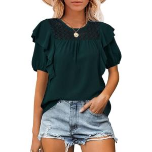 imageCicy Bell Womens Summer Top Ruffle Short Sleeve Lace Crochet Shirt Dressy Casual Loose Tunic BlouseDark Green