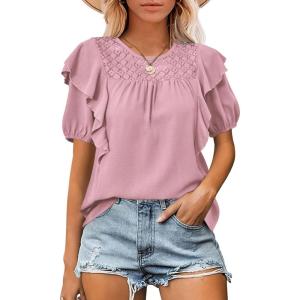 imageCicy Bell Womens Summer Top Ruffle Short Sleeve Lace Crochet Shirt Dressy Casual Loose Tunic BlousePink