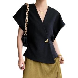 imageCicy Bell Womens Trendy V Neck Tops Shirts Short Sleeve Button Down Slim Waist Summer BlousesBlack