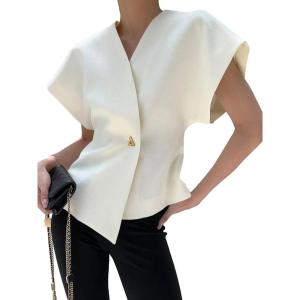 imageCicy Bell Womens Trendy V Neck Tops Shirts Short Sleeve Button Down Slim Waist Summer BlousesWhite