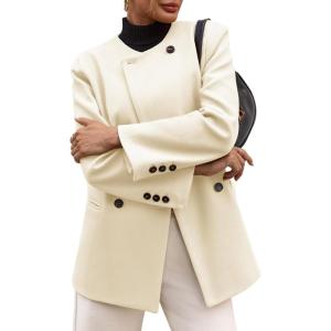 imageCicy Bell Womens Wool Pea Coats Fall Oversized Collarless Blazer Jackets Double Breasted Mid Length Trench CoatBeige