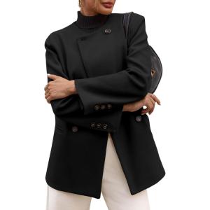 imageCicy Bell Womens Wool Pea Coats Fall Oversized Collarless Blazer Jackets Double Breasted Mid Length Trench CoatBlack