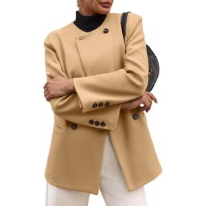 imageCicy Bell Womens Wool Pea Coats Fall Oversized Collarless Blazer Jackets Double Breasted Mid Length Trench CoatKhaki