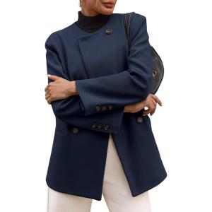 imageCicy Bell Womens Wool Pea Coats Fall Oversized Collarless Blazer Jackets Double Breasted Mid Length Trench CoatNavy
