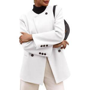 imageCicy Bell Womens Wool Pea Coats Fall Oversized Collarless Blazer Jackets Double Breasted Mid Length Trench CoatWhite