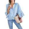 imageCicy Bell Womens 34 Bell Sleeve Button Down Shirts Casual Ruffle Hem Tops Eyelet BlouseBlue