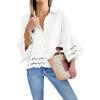 imageCicy Bell Womens 34 Bell Sleeve Button Down Shirts Casual Ruffle Hem Tops Eyelet BlouseWhite