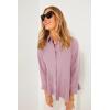 imageCicy Bell Womens Button Down Shirts Collared V Neck Long Sleeve Peplum Tiered Blouse TopsPink
