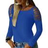 imageCicy Bell Womens Long Sleeve Cold Shoulder Tops Plain Hollow Out Boat Neck Casual Blouses ShirtsBlue