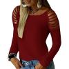 imageCicy Bell Womens Long Sleeve Cold Shoulder Tops Plain Hollow Out Boat Neck Casual Blouses ShirtsBurgundy
