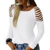 imageCicy Bell Womens Long Sleeve Cold Shoulder Tops Plain Hollow Out Boat Neck Casual Blouses ShirtsWhite