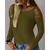 imageCicy Bell Womens Long Sleeve Cold Shoulder Tops Plain Hollow Out Boat Neck Casual Blouses ShirtsYarmy Green