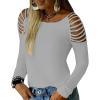 imageCicy Bell Womens Long Sleeve Cold Shoulder Tops Plain Hollow Out Boat Neck Casual Blouses ShirtsYgrey