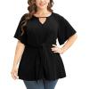 imageCicy Bell Womens Plus Size Peplum Tops V Neck Keyhole Tie Front Ruffle Short Sleeve Tunic BlouseBlack