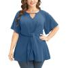 imageCicy Bell Womens Plus Size Peplum Tops V Neck Keyhole Tie Front Ruffle Short Sleeve Tunic BlouseBlue