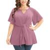 imageCicy Bell Womens Plus Size Peplum Tops V Neck Keyhole Tie Front Ruffle Short Sleeve Tunic BlousePink