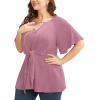 imageCicy Bell Womens Plus Size Peplum Tops V Neck Keyhole Tie Front Ruffle Short Sleeve Tunic BlousePink