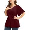 imageCicy Bell Womens Plus Size Peplum Tops V Neck Keyhole Tie Front Ruffle Short Sleeve Tunic BlouseWine Red