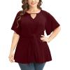 imageCicy Bell Womens Plus Size Peplum Tops V Neck Keyhole Tie Front Ruffle Short Sleeve Tunic BlouseWine Red