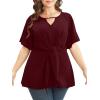 imageCicy Bell Womens Plus Size Peplum Tops V Neck Keyhole Tie Front Ruffle Short Sleeve Tunic BlouseWine Red