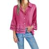 imageCicy Bell Womens 34 Bell Sleeve Button Down Shirts Casual Ruffle Hem Tops Eyelet BlouseRose Red