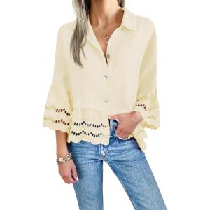 imageCicy Bell Womens 34 Bell Sleeve Button Down Shirts Casual Ruffle Hem Tops Eyelet BlouseBeige