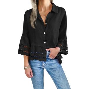 imageCicy Bell Womens 34 Bell Sleeve Button Down Shirts Casual Ruffle Hem Tops Eyelet BlouseBlack