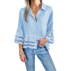 imageCicy Bell Womens 34 Bell Sleeve Button Down Shirts Casual Ruffle Hem Tops Eyelet BlouseBlue