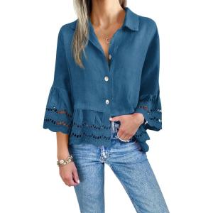 imageCicy Bell Womens 34 Bell Sleeve Button Down Shirts Casual Ruffle Hem Tops Eyelet BlouseNavy