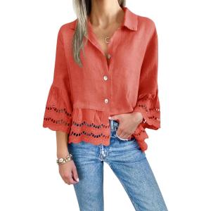 imageCicy Bell Womens 34 Bell Sleeve Button Down Shirts Casual Ruffle Hem Tops Eyelet BlouseOrange