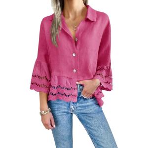 imageCicy Bell Womens 34 Bell Sleeve Button Down Shirts Casual Ruffle Hem Tops Eyelet BlouseRose Red